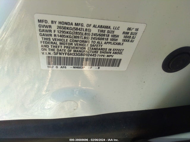 Honda Pilot Ex 2016 5FNYF6H33GB092445 Image 9