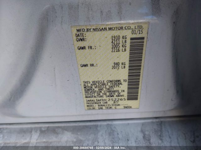 1N4AL3AP3FC252265 Nissan Altima 2.5/2.5 S/2.5 Sl/2.5 Sv