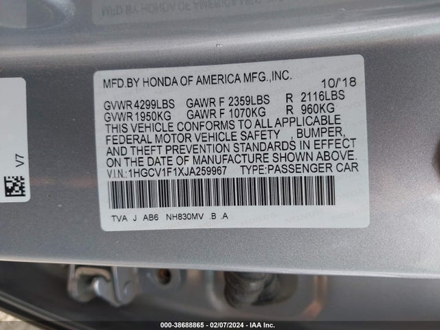 Honda ACCORD LX 2018 1HGCV1F1XJA259967 Image 9