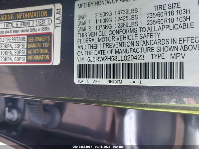 Honda Cr-v Awd Ex 2020 5J6RW2H58LL029423 Image 9