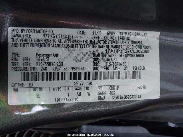 2012 FORD FOCUS SE VIN: 1FAHP3F27CL302368