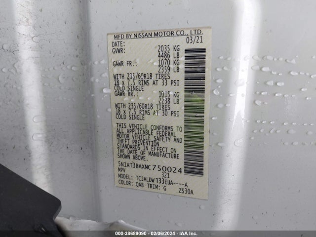 2021 NISSAN ROGUE SV FWD VIN: 5N1AT3BAXMC750024