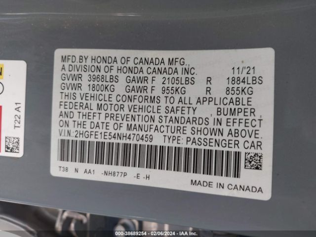 2HGFE1E54NH470459 Honda CIVIC SI SEDAN