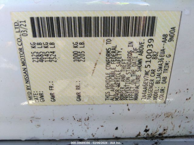 1N4AA6EV7MC510039 Nissan Maxima Sr Xtronic Cvt