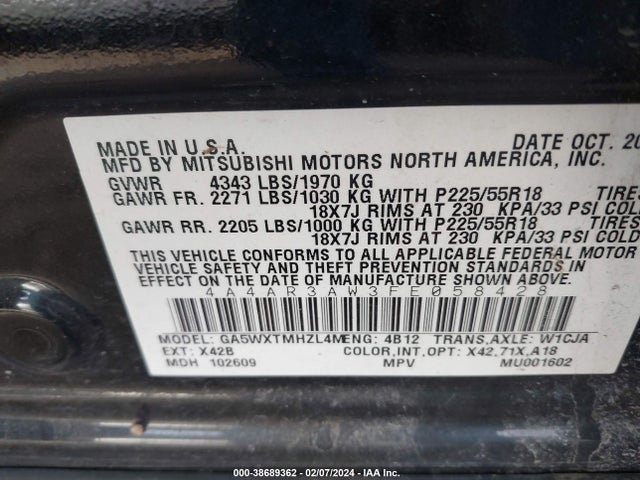 4A4AR3AW3FE058428 Mitsubishi Outlander Sport Es