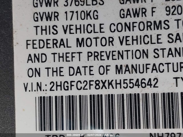 Honda Civic Sport 2019 2HGFC2F8XKH554642 Image 9