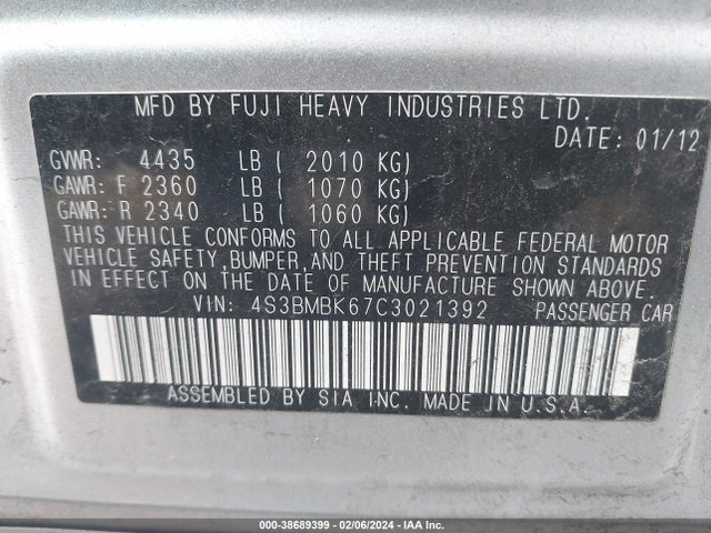 2012 SUBARU LEGACY 2.5I LIMITED VIN: 4S3BMBK67C3021392