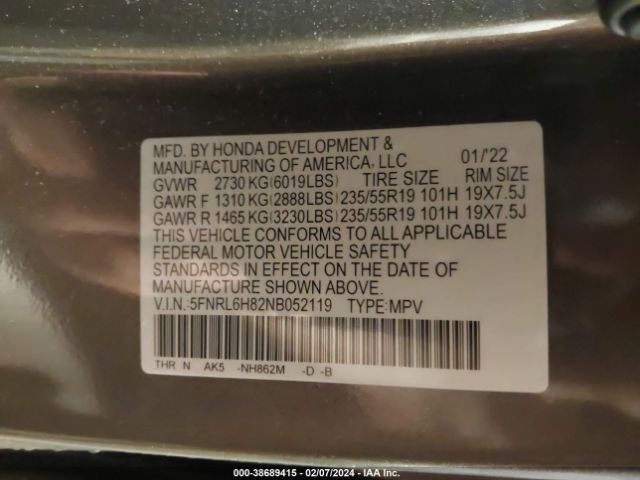 5FNRL6H82NB052119 Honda Odyssey Touring