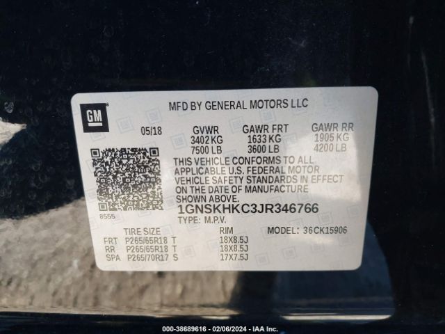 1GNSKHKC3JR346766 Chevrolet Suburban Lt