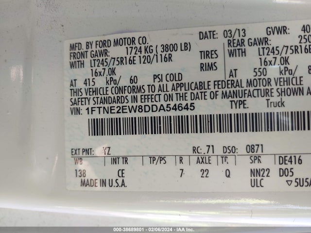 2013 FORD E-250 COMMERCIAL VIN: 1FTNE2EW8DDA54645