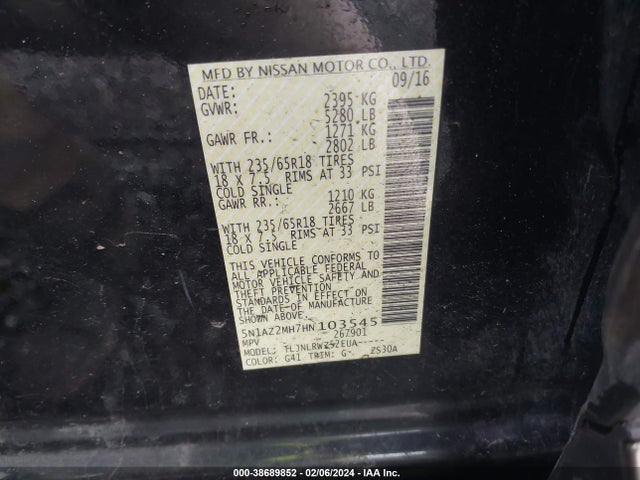 Nissan MURANO SL 2017 5N1AZ2MH7HN103545 Image 9