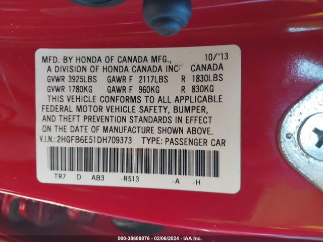 2013 HONDA CIVIC SI VIN: 2HGFB6E51DH709373