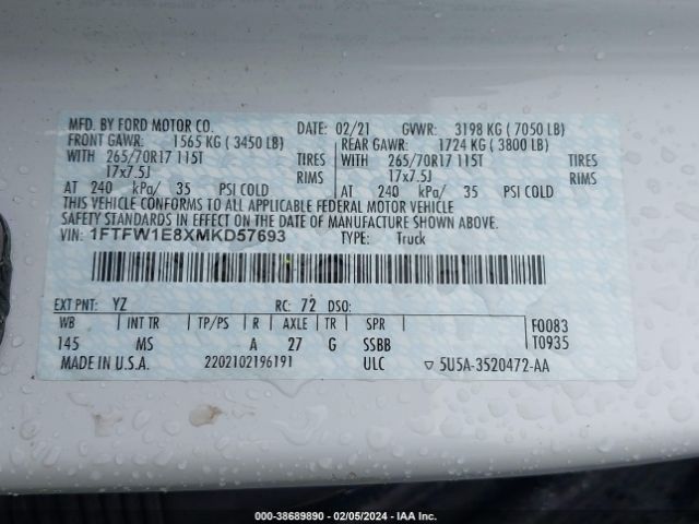 1FTFW1E8XMKD57693 Ford F-150 Xlt