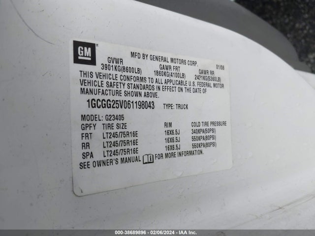2006 CHEVROLET EXPRESS WORK VAN VIN: 1GCGG25V061198043