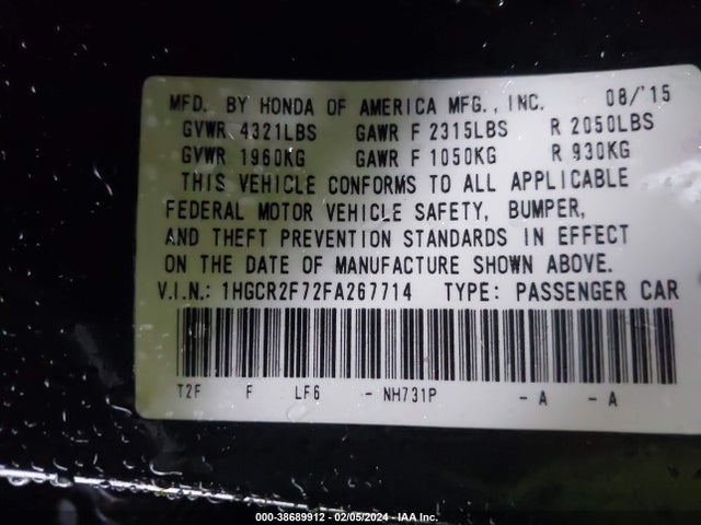 Honda ACCORD EX 2015 1HGCR2F72FA267714 Image 9