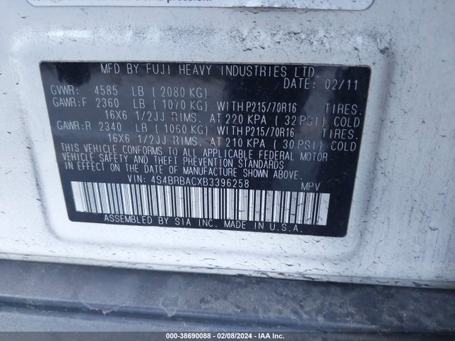 2011 SUBARU OUTBACK 2.5I VIN: 4S4BRBACXB3396258