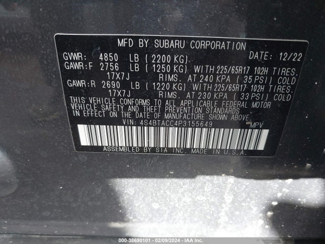 2023 SUBARU OUTBACK PREMIUM VIN: 4S4BTACC4P3155649