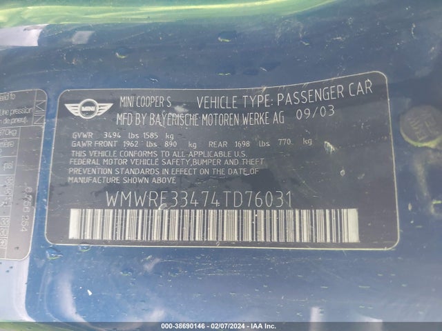 2004 MINI COOPER S WMWRE33474TD76031 Photo 8