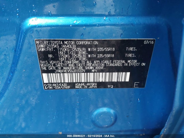 Toyota Rav4 Limited 2016 JTMDFREV5GJ100379 Image 9