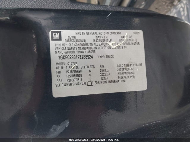 2009 CHEVROLET SILVERADO 1500 LT VIN: 1GCEC29019Z288924