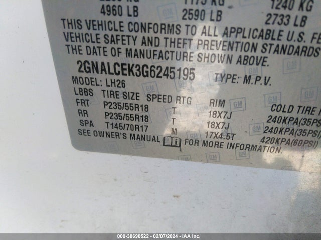 Chevrolet EQUINOX LT 2016 2GNALCEK3G6245195 Image 9