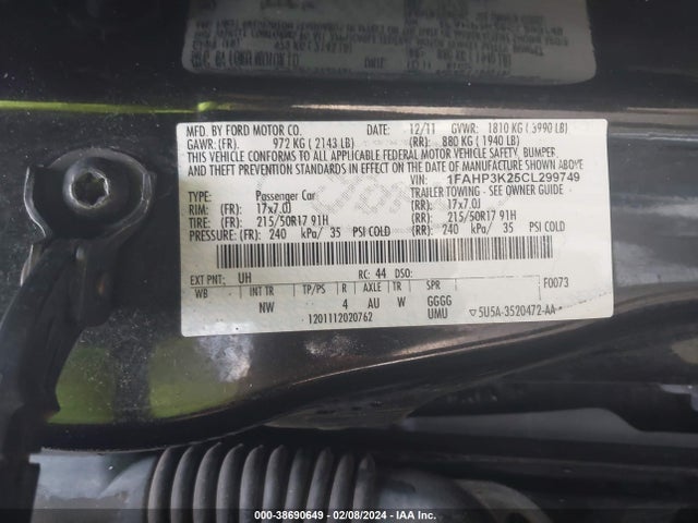 2012 FORD FOCUS SE VIN: 1FAHP3K25CL299749