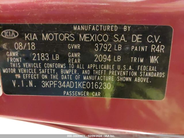 3KPF34AD1KE016230 KIA FORTE S