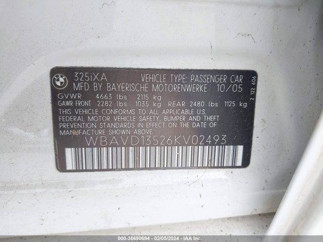 2006 BMW 325XI VIN: WBAVD13526KV02493