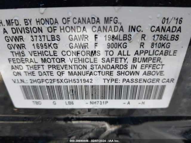 Honda Civic Lx 2016 2HGFC2F5XGH531942 Image 9