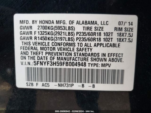5FNYF3H59FB004948 Honda Pilot Ex-l