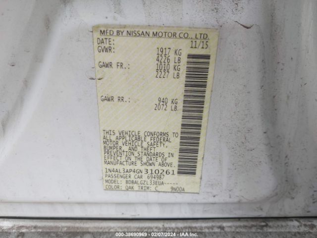 1N4AL3AP4GN310261 Nissan Altima 2.5/2.5 S/2.5 Sl/2.5 Sr/2.5 Sv