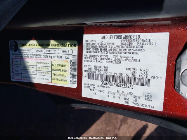 Ford FUSION SE 2016 3FA6P0H75GR222573 Image 9