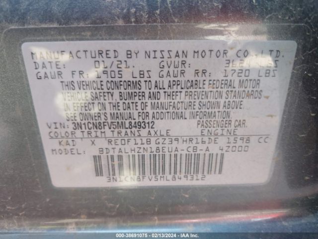 3N1CN8FV5ML849312 Nissan Versa Sr Xtronic Cvt