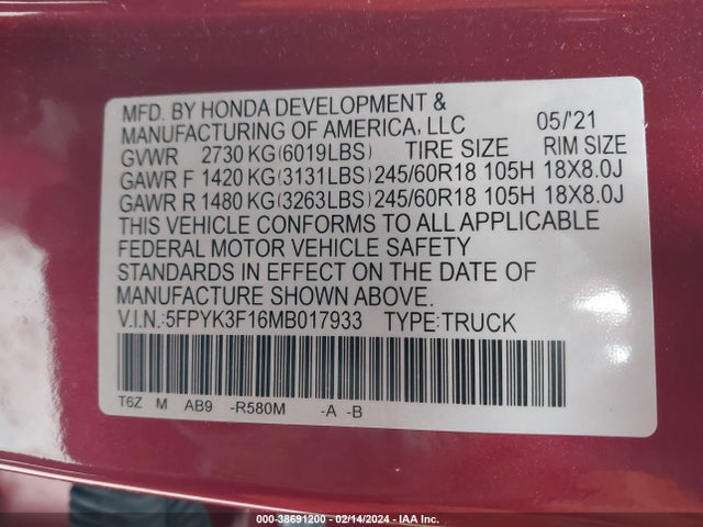Honda Ridgeline Awd Sport 2021 5FPYK3F16MB017933 Image 9