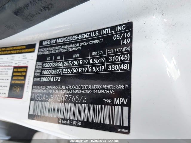 2016 MERCEDES-BENZ GLE 350 VIN: 4JGDA5JB7GA776573