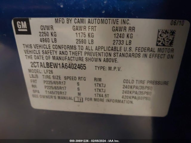 2010 GMC TERRAIN SLE-1 VIN: 2CTALBEW1A6402465