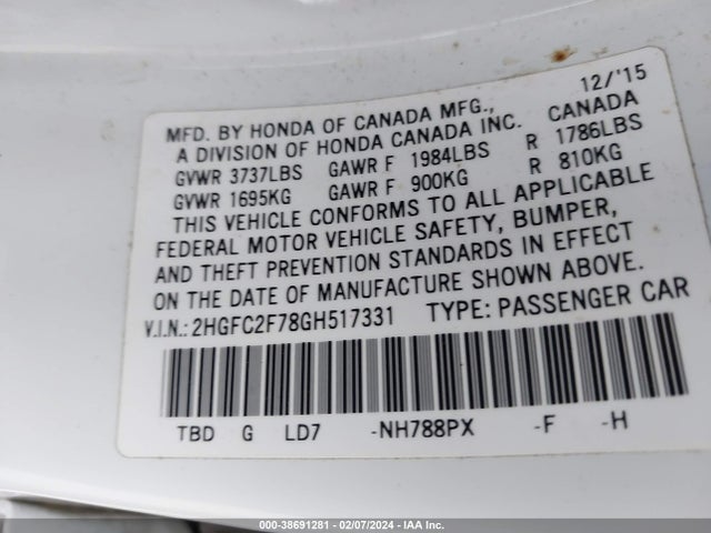 Honda CIVIC EX 2016 2HGFC2F78GH517331 Image 9