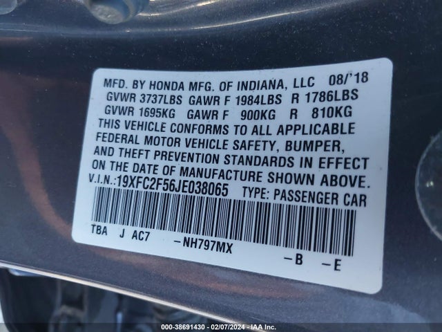 Honda Civic Lx 2018 19XFC2F56JE038065 Image 9