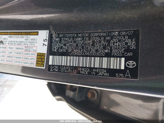 Aukcja sprzedaży 2008 Toyota Prius, vin: JTDKB20U983303032, numer aukcji: 38691533