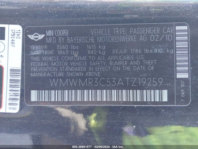 2010 MINI COOPER WMWMR3C53ATZ19259 Photo 8