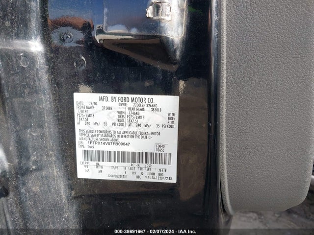 2007 FORD F-150 FX4/LARIAT/XL/XLT VIN: 1FTPX14V57FB09647