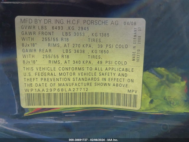 2008 PORSCHE CAYENNE WP1AA29P68LA27712 Photo 8