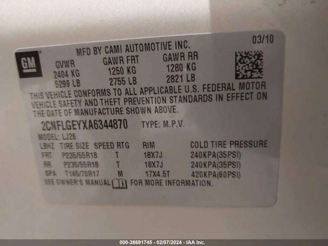 2010 CHEVROLET EQUINOX LTZ VIN: 2CNFLGEYXA6344870