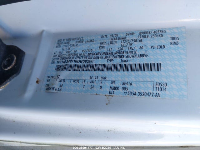 2008 FORD E-250 COMMERCIAL/RECREATIONAL VIN: 1FTNE24W18DB08200