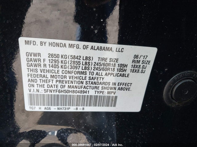 Honda Pilot Ex-l 2017 5FNYF6H50HB048941 Image 9