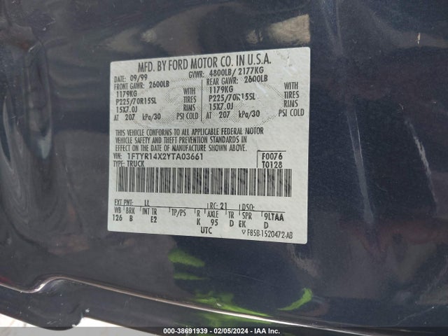2000 FORD RANGER XLT VIN: 1FTYR14X2YTA03661