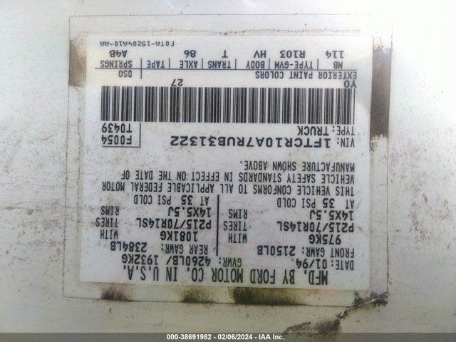 1994 FORD RANGER VIN: 1FTCR10A7RUB31322