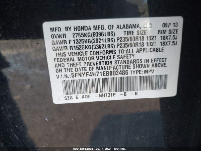 5FNYF4H71EB002486 Honda Pilot Ex-l
