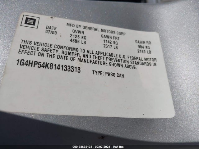 Продажа на аукционе авто 2001 Buick Lesabre Custom, vin: 1G4HP54K814133313, номер лота: 38692138
