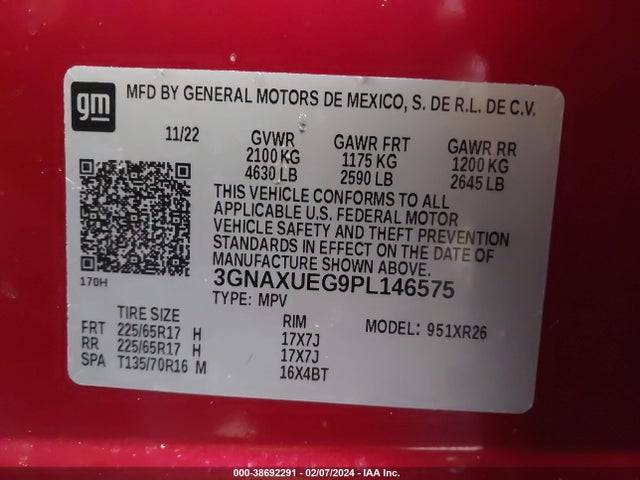2023 CHEVROLET EQUINOX AWD LT VIN: 3GNAXUEG9PL146575